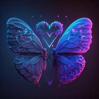 Neon glowing butterfly animal isolated on dark background, phantasmal iridescent, psychic waves created with technology photo