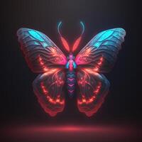 Neon glowing butterfly animal isolated on dark background, phantasmal iridescent, psychic waves created with technology photo