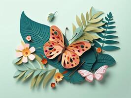 3d corte de papel hermosa mariposa ai generativo con verde antecedentes foto