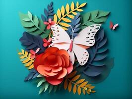 3d papercut Beautiful butterfly with green background photo