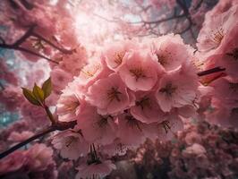Closeup of spring seasonal cherry blossom flower on bokeh background. Created with technology. photo