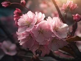 Closeup of spring seasonal cherry blossom flower on bokeh background. Created with technology. photo
