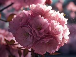 Closeup of spring seasonal cherry blossom flower on bokeh background. Created with technology. photo