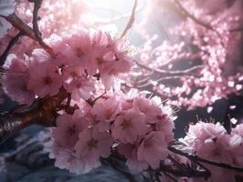Closeup of spring seasonal cherry blossom flower on bokeh background. Created with technology. photo