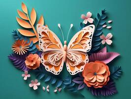 3d papercut Beautiful butterfly with green background photo