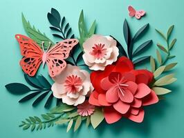 3d papercut Beautiful butterfly with green background photo