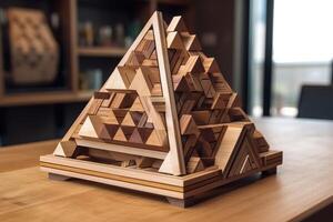 An impossible geometric puzzle made of wood create by technology. photo