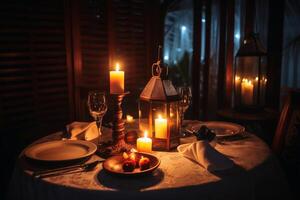 un romántico cena mesa para dos con luz de una vela creado con generativo ai tecnología. foto