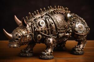 A steampunk rhino with lots of screws and cogwheels created with technology. photo