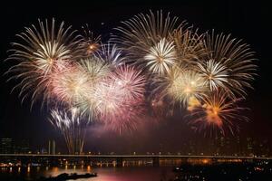 nuevo año fuegos artificiales en el ciudad antecedentes creado con generativo ai tecnología. foto