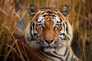 un fuerte Tigre en el alto césped a un río creado con generativo ai tecnología. foto