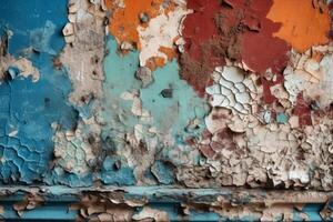 An old wall background with paint peeling in different colors created with technology. photo