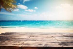 An empty wooden table at a tropical beach with a soft bokeh background created with technology. photo