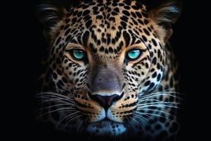 un cerca arriba retrato de fascinante leopardo fotografía creado con generativo ai tecnología foto