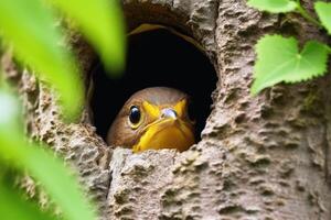 pájaro ojeada un abucheo fuera de un árbol creado con generativo ai tecnología. foto