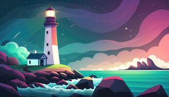 lighthouse on sea shore aurora photo
