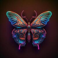 Neon glowing butterfly animal isolated on dark background, phantasmal iridescent, psychic waves created with technology photo