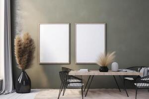 boho minimalist cozy healing living room blank frame mockup . photo