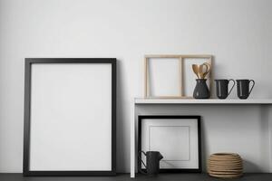 Frame Mockup on kitchen white picture frame with a thin black border sits on top of a wooden bookshelf . photo
