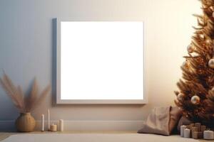 fancy modern Christmas mockup with farmhouse flair, empty blank white wooden picture frame . photo