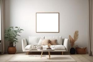 boho minimalist cozy healing living room blank frame mockup . photo