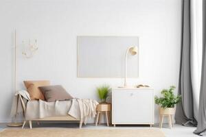 boho minimalist cozy healing living room blank frame mockup . photo