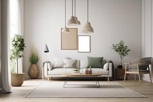 boho minimalist cozy healing living room blank frame mockup . photo
