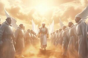 angels with The Messiah jesus leading in heaven . photo