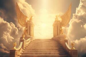 heavenly stairway to heaven with floating clouds angelic angels . photo