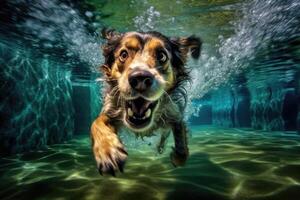 Cute dog swimming underwater. . photo