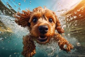 Cute dog swimming underwater. . photo