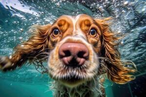 Cute dog swimming underwater. . photo