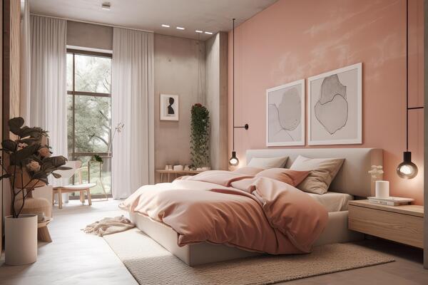 modern style bedroom Soft cement blush with coral pink . AI