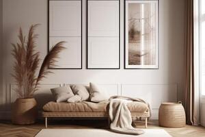 Mockup poster frame in modern beige home interior, Scandinavian style . photo