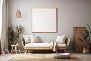 boho minimalist cozy healing living room blank frame mockup . photo