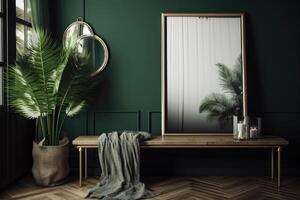 Frame mockup in dark green home interior . photo
