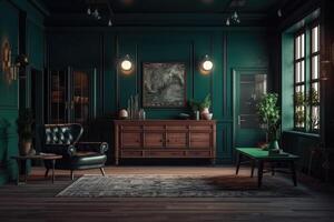 Dark green home interior with old retro furniture . photo