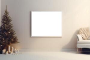 fancy modern Christmas mockup with farmhouse flair, empty blank white wooden picture frame . photo