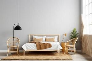 Gallery wall mockup in bright bedroom interior background with rattan wooden furniture . photo