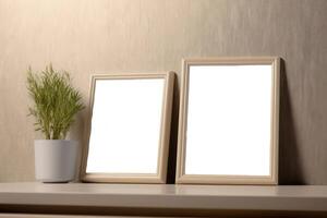 prototype of two simple picture frames side by side with beige wall model . photo