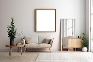 boho minimalist cozy healing living room blank frame mockup . photo