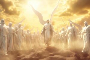 ángeles con el Mesías Jesús líder en cielo . ai generado foto