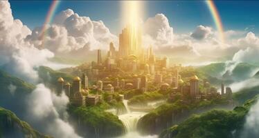 Golden heavenly city surrounded by clouds with green hills and waterfalls . photo