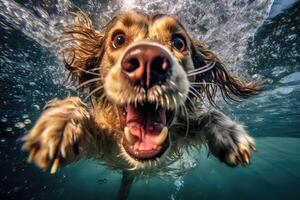 Cute dog swimming underwater. . photo