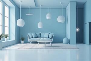 Modern light blue interior background, wall mockup . photo