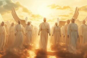 angels with The Messiah jesus leading in heaven . photo