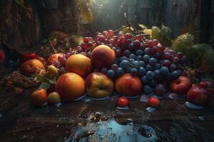 a group of fruits and vegetables with drops of water. photo