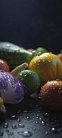 a group of fruits and vegetables with drops of water. photo