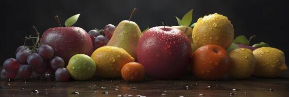 a group of fruits and vegetables with drops of water. photo