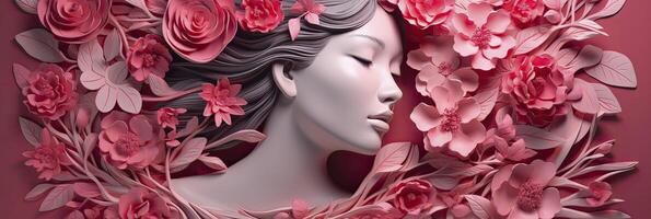 Render 3d of a woman with colorful flowers in her hair in papercraft style. photo